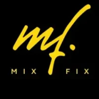 Black logo with a handwritten yellow ‘mf’ above the words ‘MIX FIX’ in spaced capital letters.