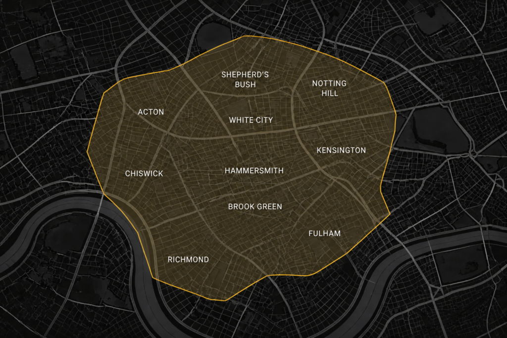 A clean dark-mode map image in shades of black and grey, with a translucent yellow polygon marking the covered West London areas for MixFix handyman services. The highlighted service area covering Shepherd’s Bush, White City, Hammersmith, Fulham, Chiswick, Notting Hill, Kensington, Richmond, Brook Green, and Acton.