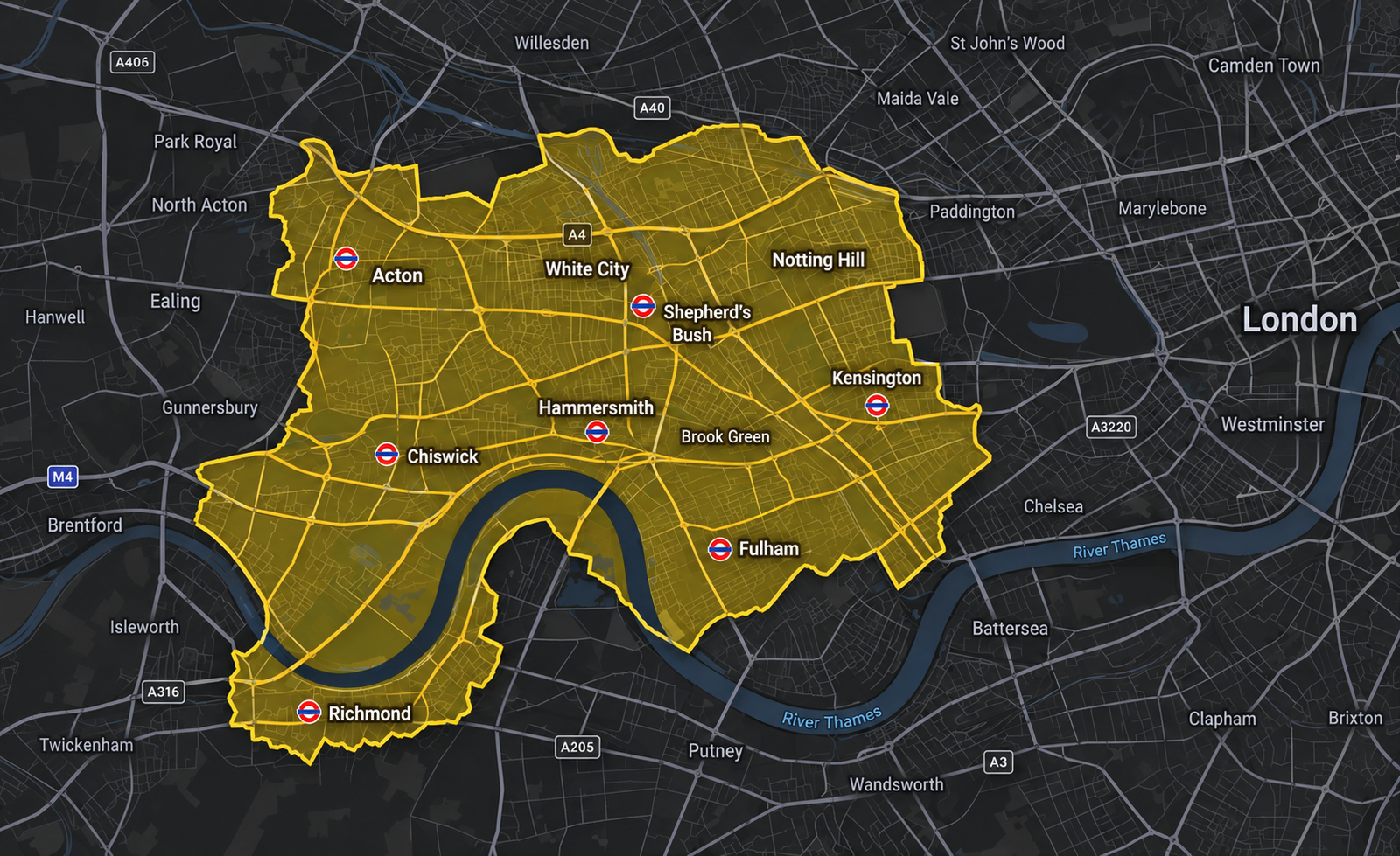 Dark-mode map showing the MixFix service area across West London, highlighted in yellow and covering Shepherd’s Bush, Hammersmith, Chiswick, Acton, Kensington, Fulham and Richmond. Surrounding areas are shown in grey.